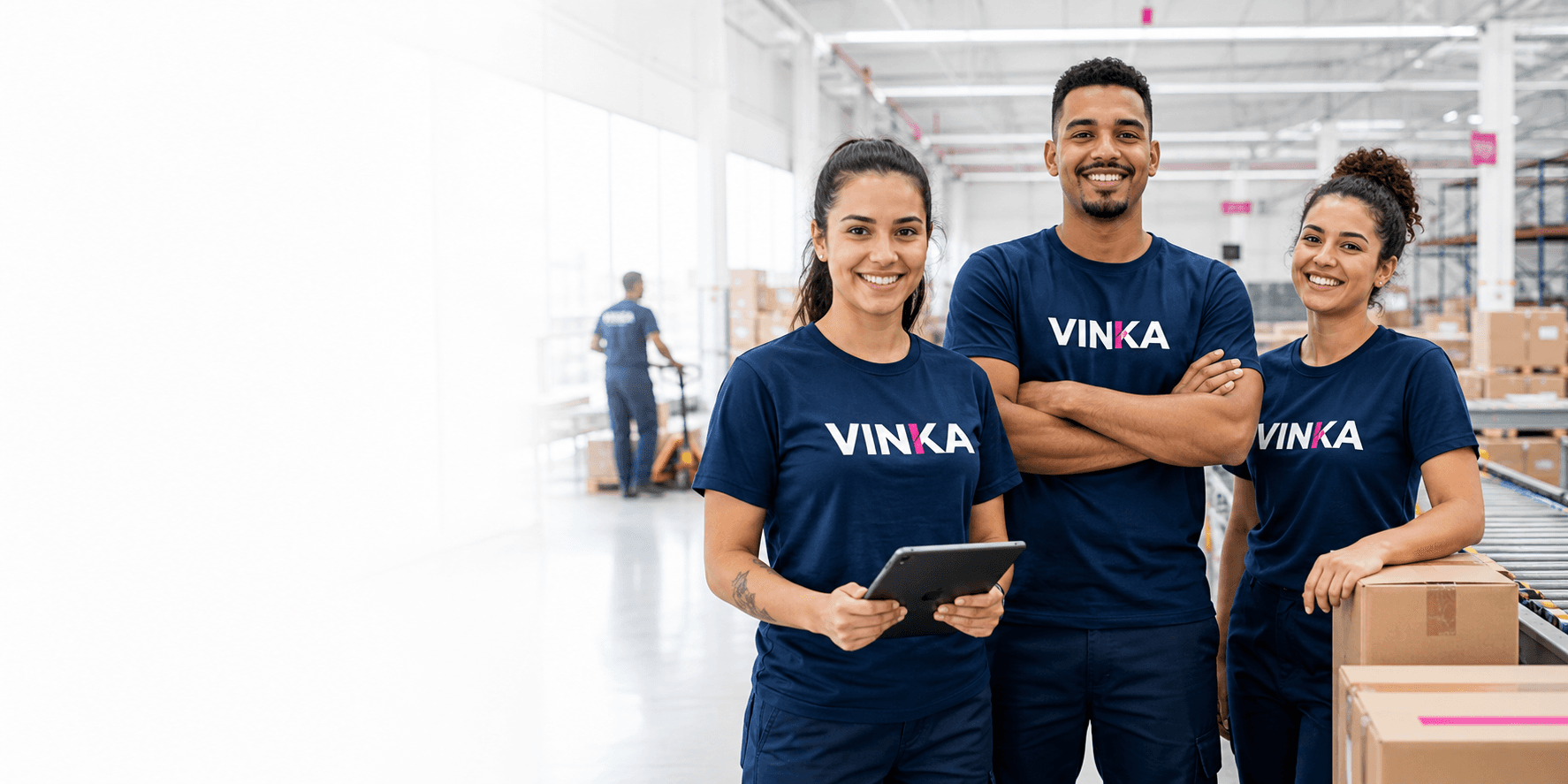 Equipe operacional com camiseta VINKA em centro logístico